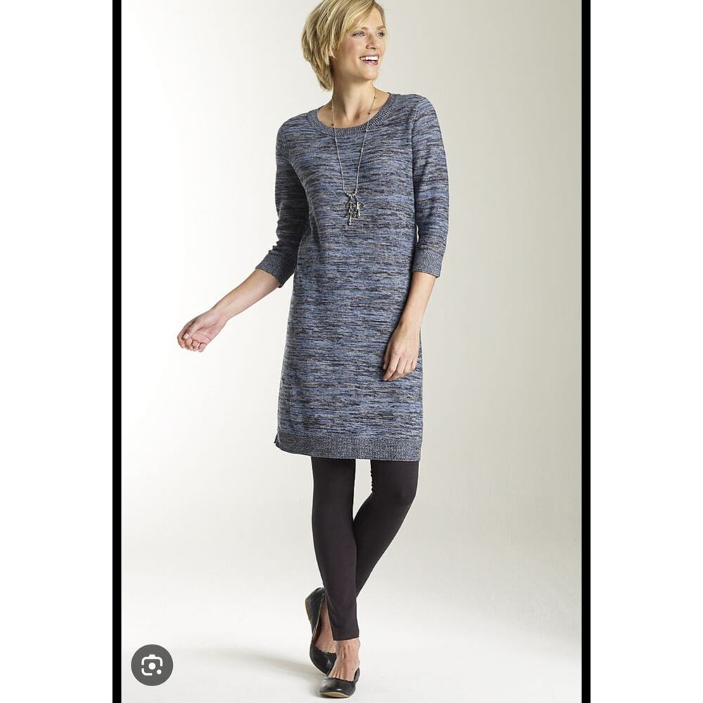 J.Jill Linen Cotton Tunic Sweater Dress 3/4 Sleeve Slits Heather Blue Size Large